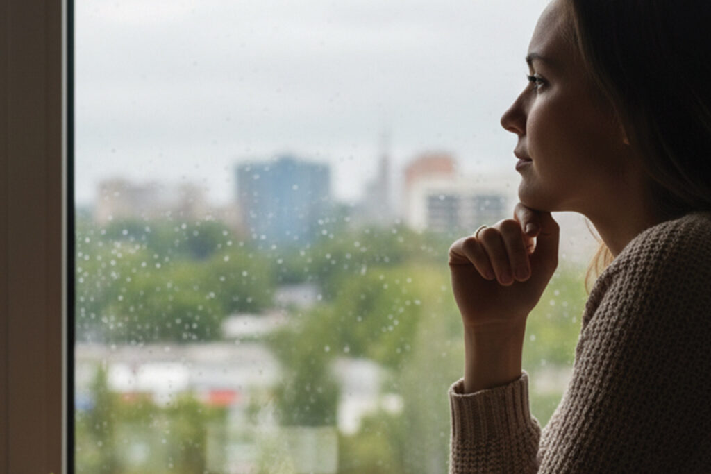Woman looking out window