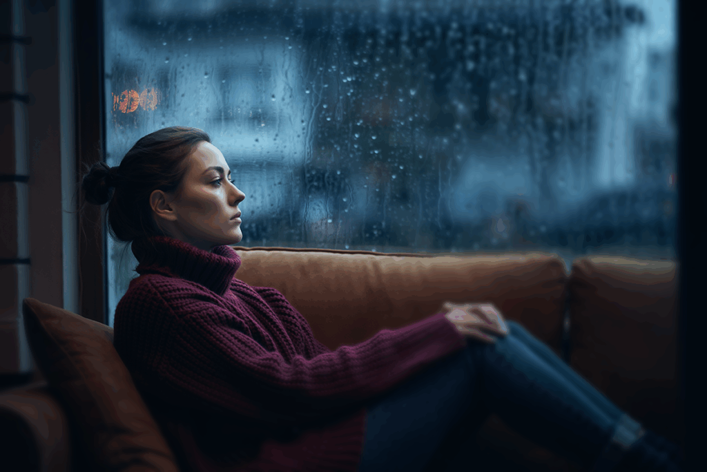 Sad woman looking out window